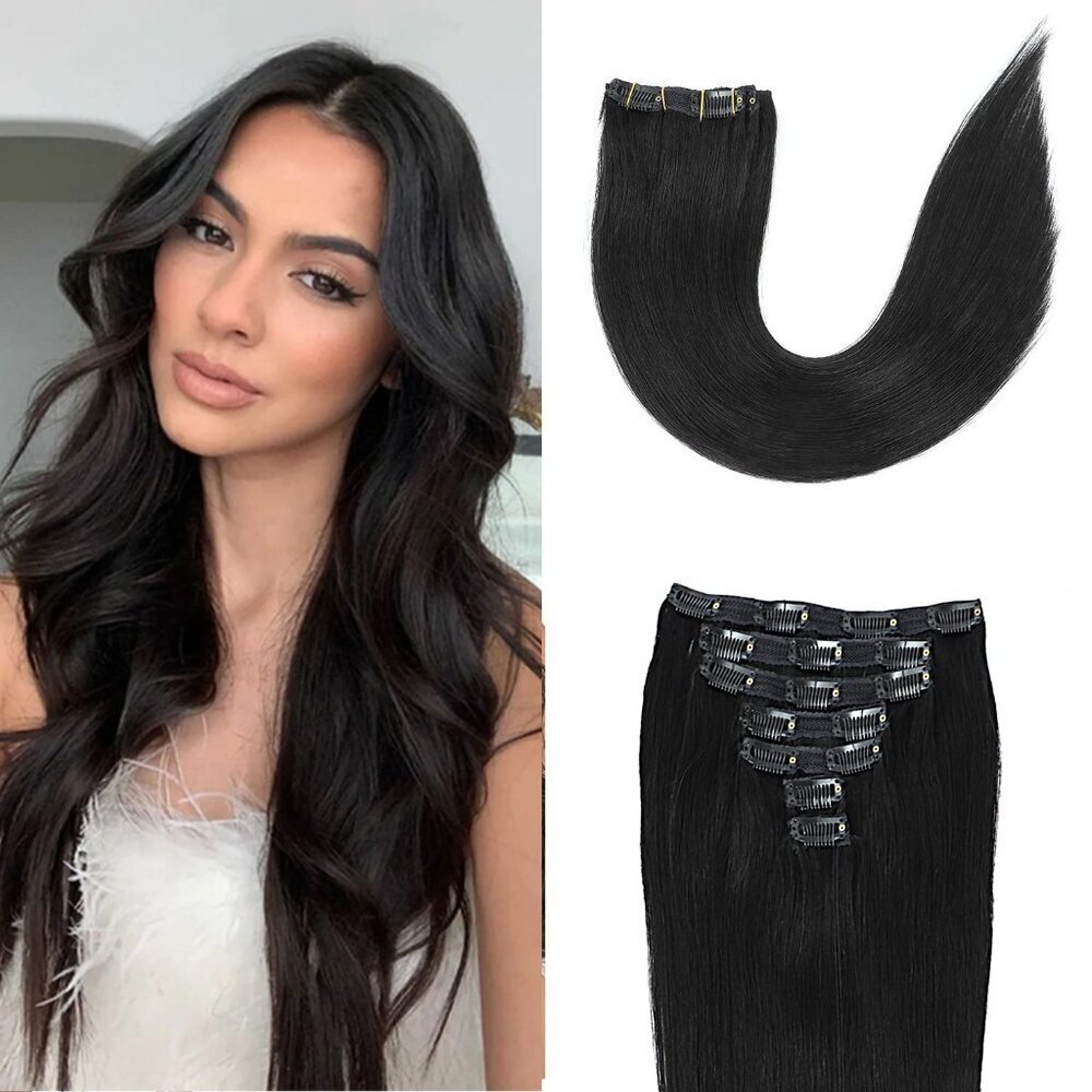 Human Hair Clip In Extensions 18Inch 120g Straight Black for Women